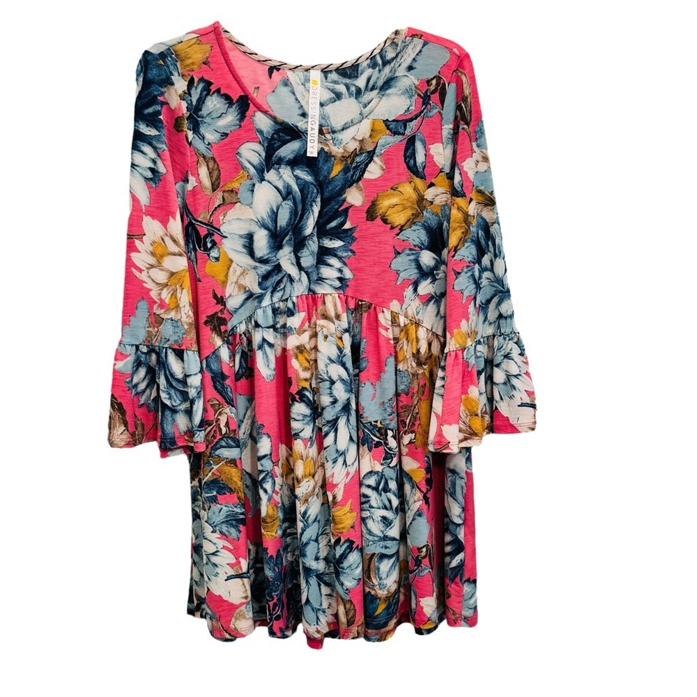 Dressin Gaudy Size L/XL Floral Dress-Tunic Bell Sleeve Polyester/Spandex